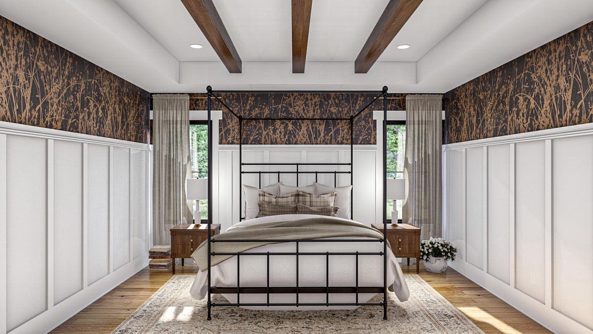 Bedroom interior with four-poster bed, paneled wainscoting, decorative wallpaper, and exposed ceiling beams.