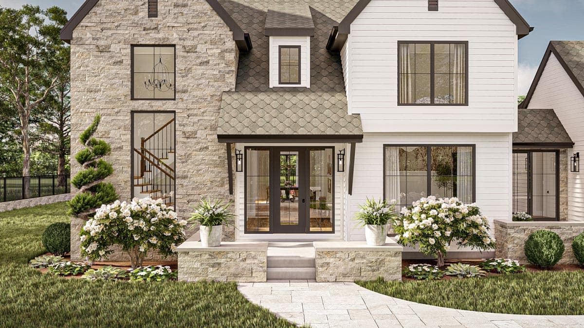 House plan exterior with stone and siding facade, double glass doors, dormer, and visible interior staircase.