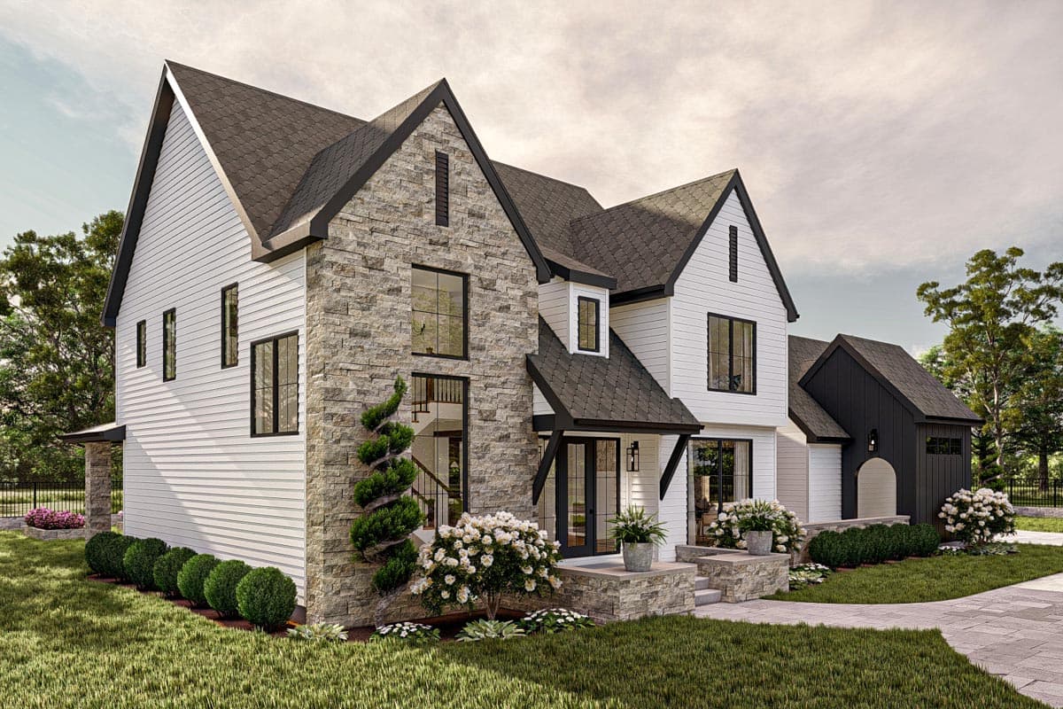 House plan exterior: two-story Modern Farmhouse with stone accents, prominent gables, and a detached garage with arched entry.