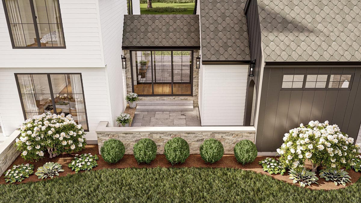 Modern Farmhouse house plan exterior with white horizontal siding, gable roof, glass-paneled entryway, and attached garage.