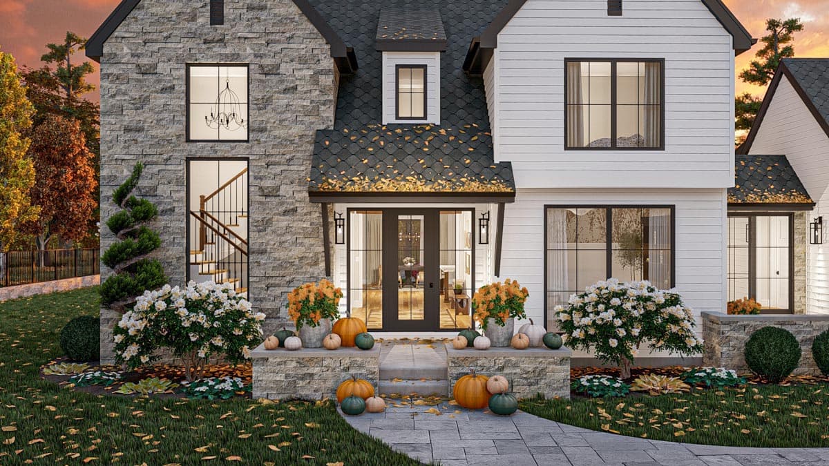Modern Farmhouse house plan exterior with stone and shiplap siding, double front doors, and a dormer.