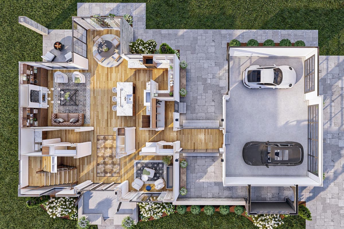 Floor plan showing open living, kitchen, dining, den with fireplace, and attached two-car garage.