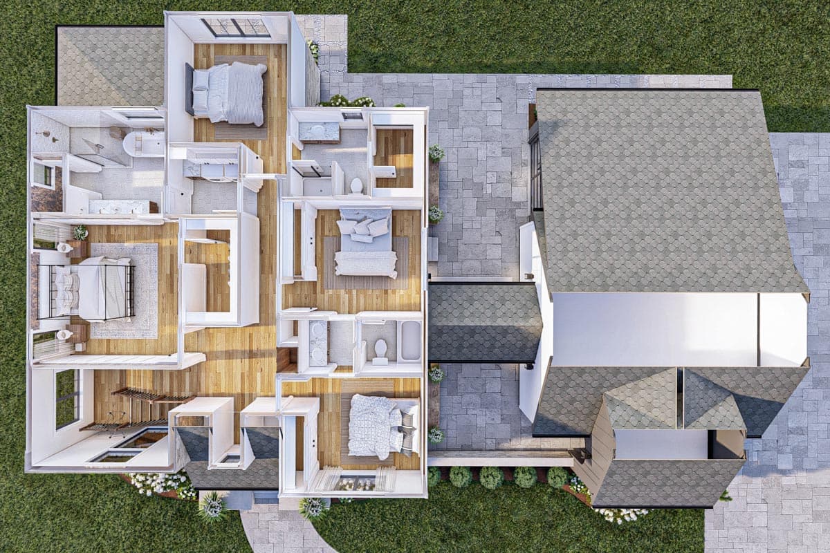 Architectural floor plan showing a four-bedroom, three-bathroom home with an open layout, multiple bedrooms, and an attached garage.