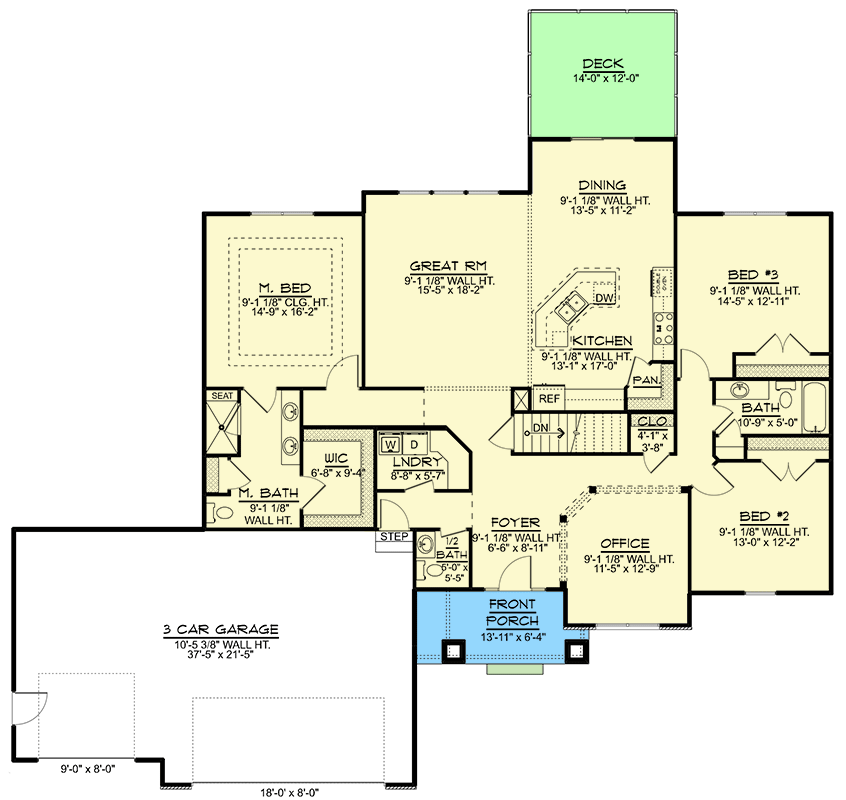 Plan 135239GRA: 2718 Square Foot Split Bedroom Craftsman-Style House Plan with 3-Car Garage - Floor Plan - Main Level - Country, Craftsman, New Orleans, Ranch