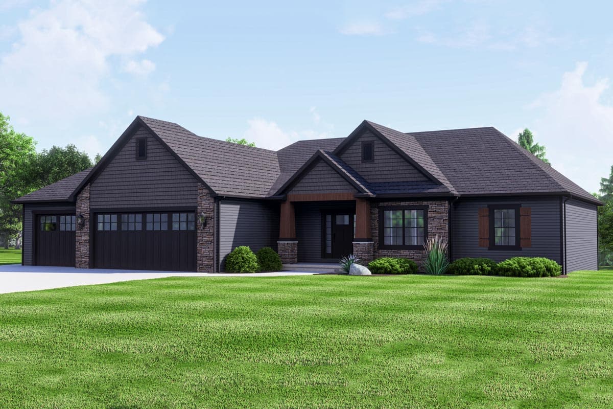 House plan exterior with Craftsman style. Features include gabled rooflines, stone facade accents, and a front porch with timber framing.