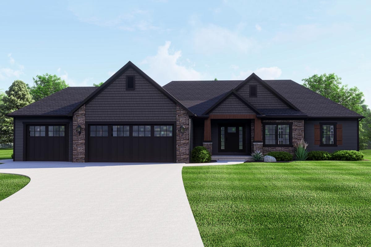 House plan exterior: Ranch-style home with prominent gables, stone accents, and a three-car garage.