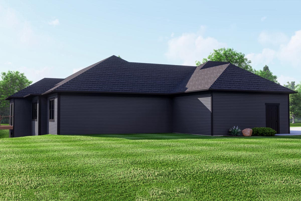 House plan exterior rendering of a single-story home with dark siding, asphalt shingle roof, and attached garage.