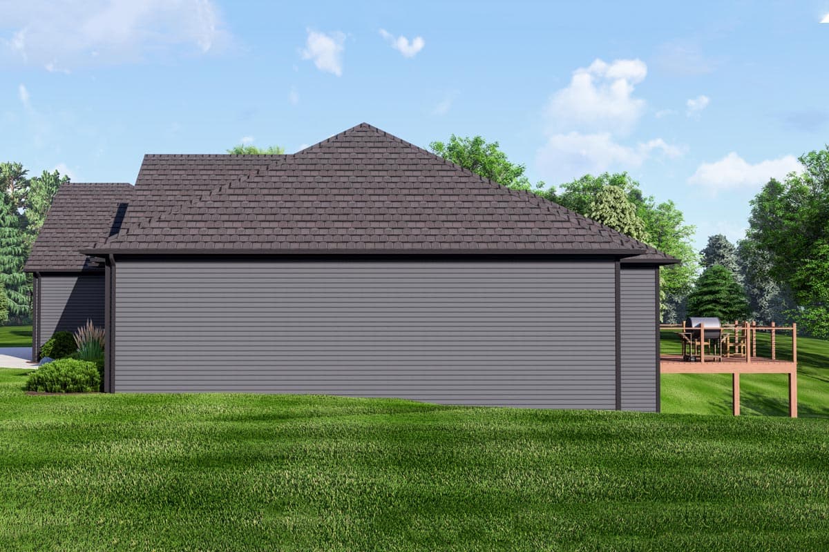 House plan exterior, side view of a one-story home with gabled roof, gray siding, and a wooden deck with a grill.