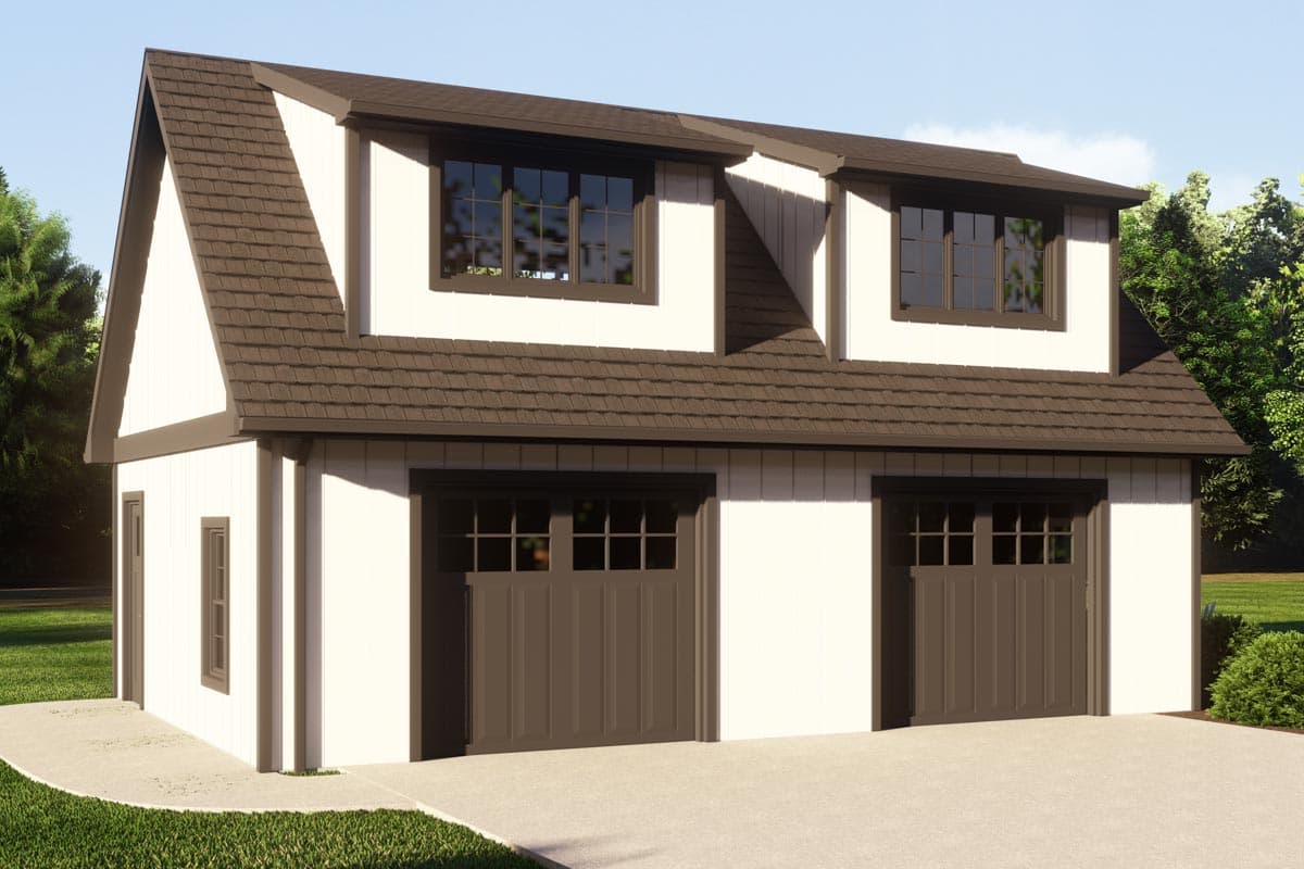 House plan exterior. Two-story structure with gabled roof, two dormers, and two-car garage. White siding with dark trim and brown roof.