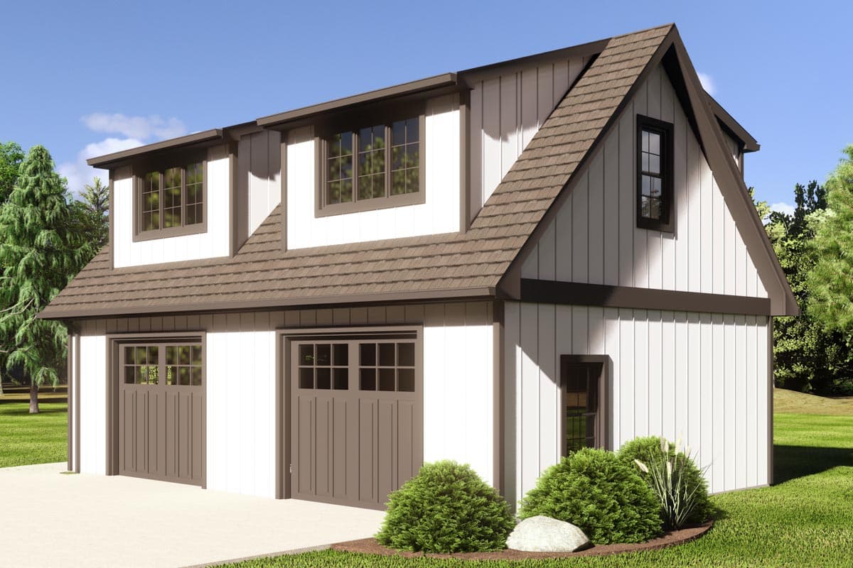 House plan exterior: Two-story modern farmhouse style with two garage doors, board and batten siding, and dormer windows.