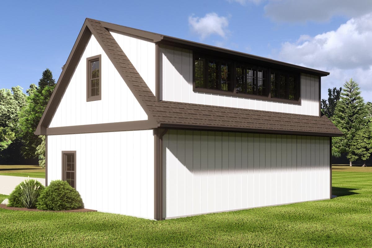 House plan exterior with white vertical siding, gable end, dormer window, and a row of casement windows.