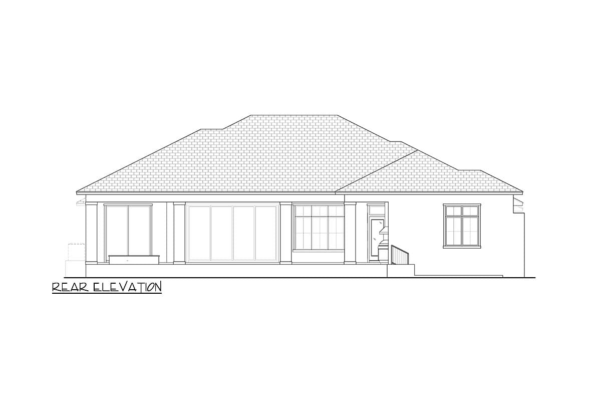 Rear elevation drawing of a house plan with a hipped roof, large windows, and a covered porch.