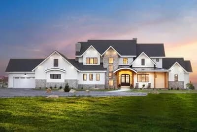 Transitional Farmhouse Plan with Home Office and 4-Car Garage and Lower Level Expansion