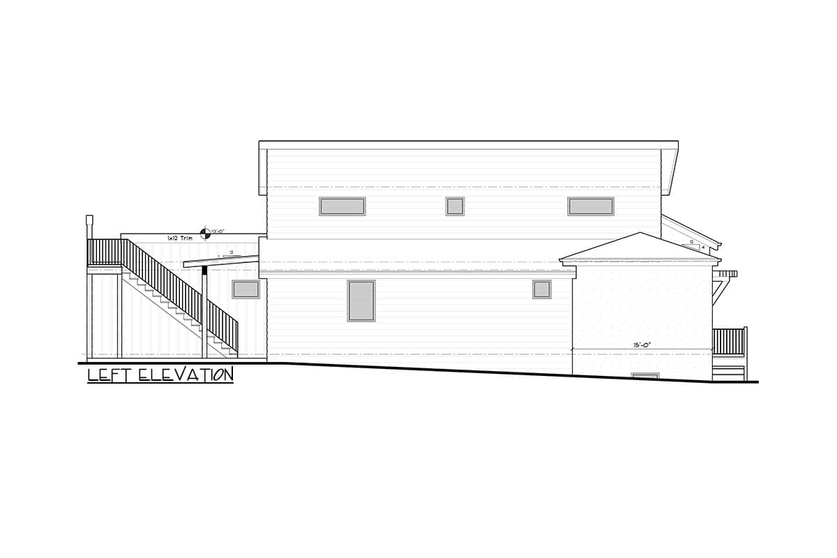 Left elevation house plan drawing showing a modern structure with a flat roof, multiple windows, and a side deck with stairs.
