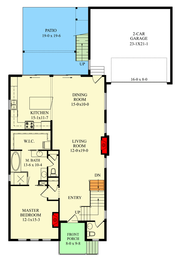 Plan 95220RW: Narrow Lot Contemporary House Plan with Rooftop Deck and Lower Level Expansion - Floor Plan - Main Level - Contemporary, Mid Century Modern, Modern