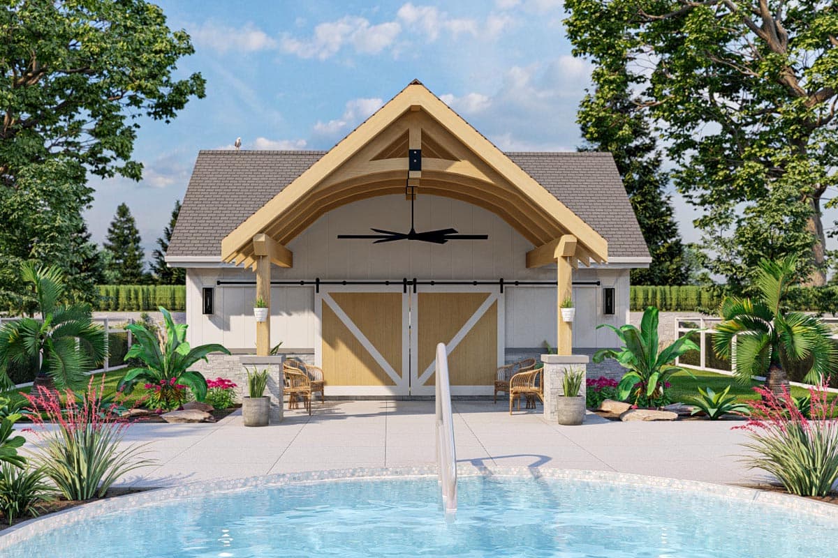 House plan exterior: One-story structure with large timber-framed gabled roof, double barn doors, and stone accents.