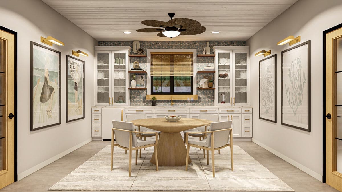 Dining room rendering with round wood table, chairs, built-in cabinetry, and patterned backsplash.