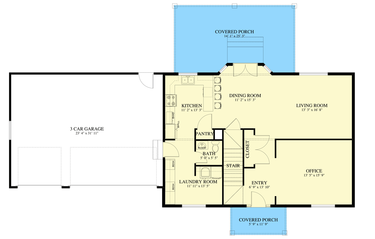 Plan 61237UT: 4-Bed Traditional House Plan Under 2200 Square Feet with Home Office and Expansion Possibilities - Floor Plan - Main Level - Colonial, Traditional