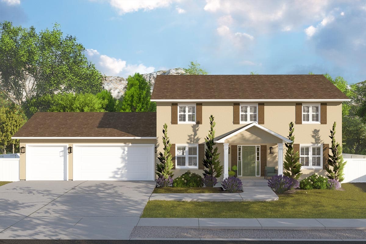 House plan exterior. Two-story Colonial with a front porch, gabled roof, and attached two-car garage. Features include shutters and columns.