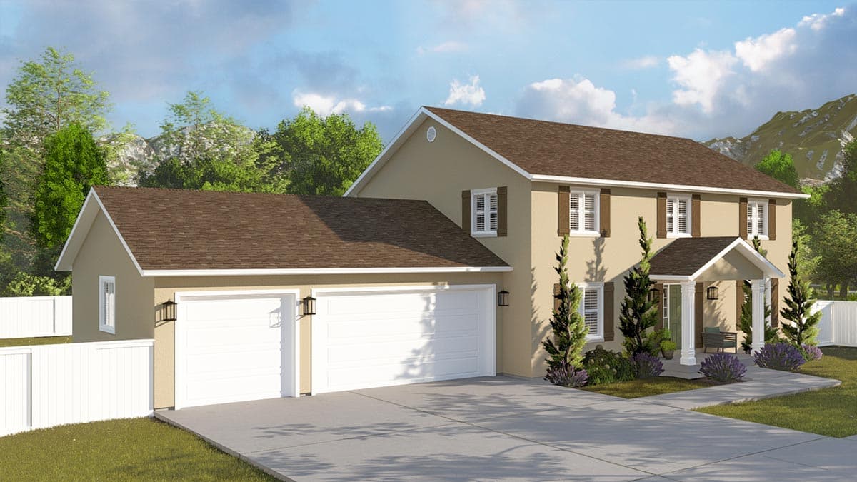 House plan exterior: Two-story home with a two-car garage, covered front porch with columns, and white shutters.