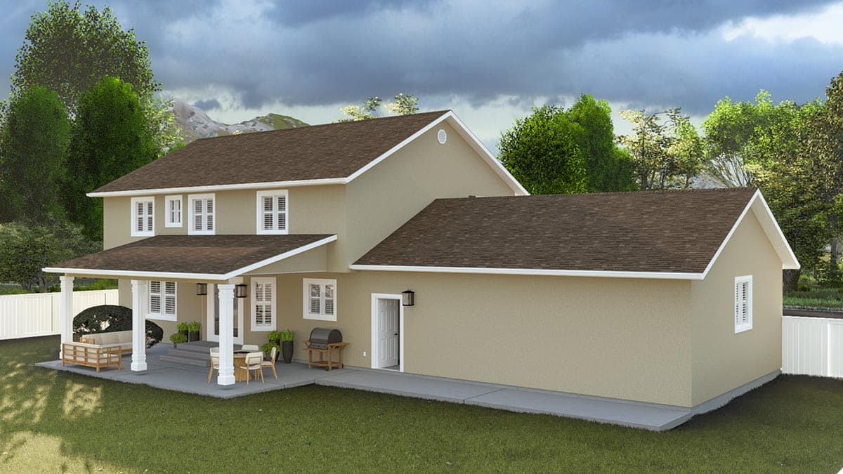 Two-story house plan exterior with gabled roof, covered porch with columns, and attached garage.