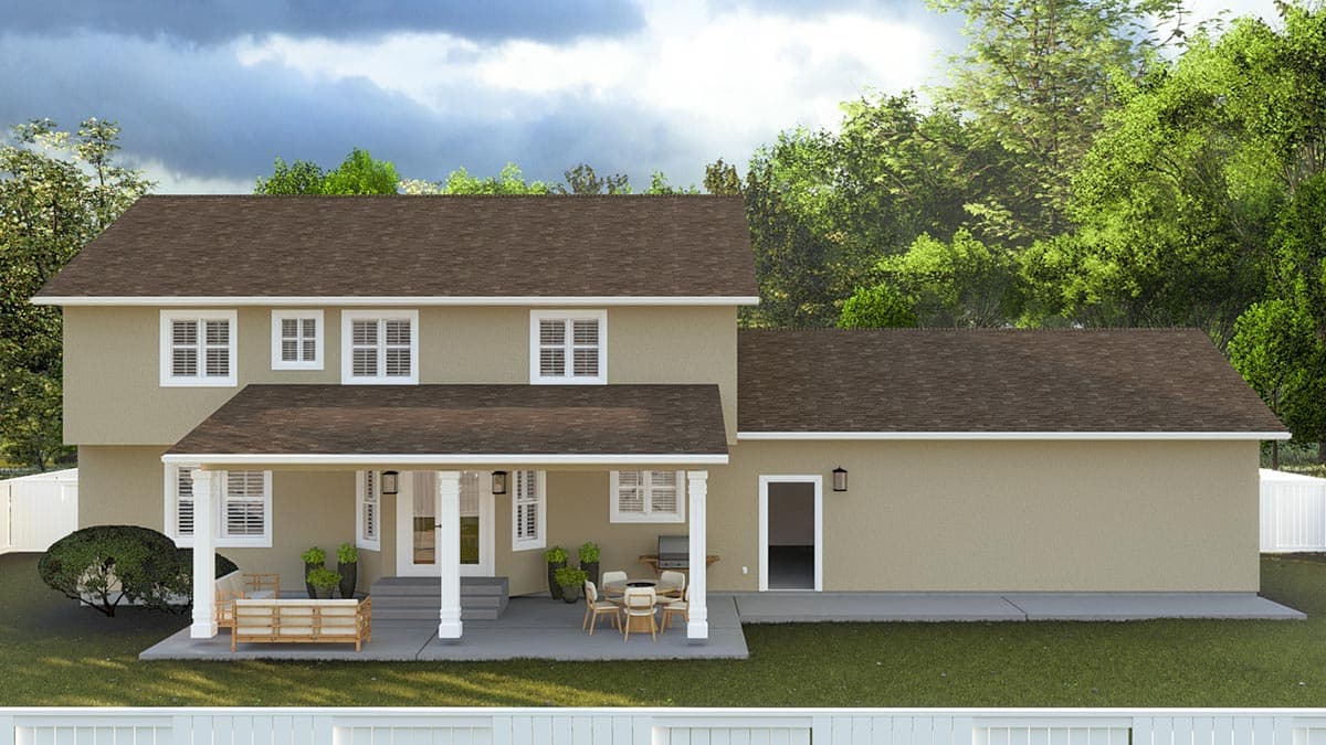 Two-story house plan exterior with covered porch, attached garage, and multiple windows.