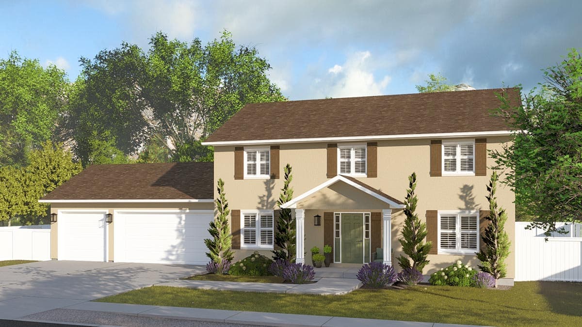 Two-story house plan exterior with a covered entry porch, white-paneled garage doors, and multiple gables.