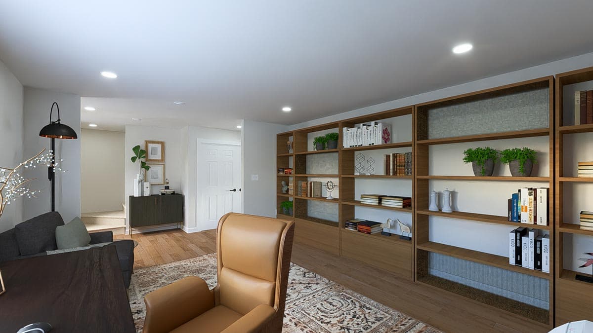 Interior rendering of a room with built-in wooden bookshelves, a sofa, and an armchair.