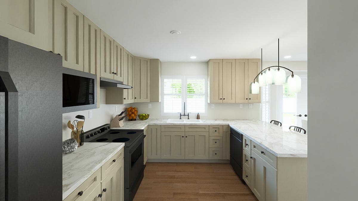 Kitchen with light beige cabinetry, marble countertops, stainless steel appliances, double sink, and pendant lighting.