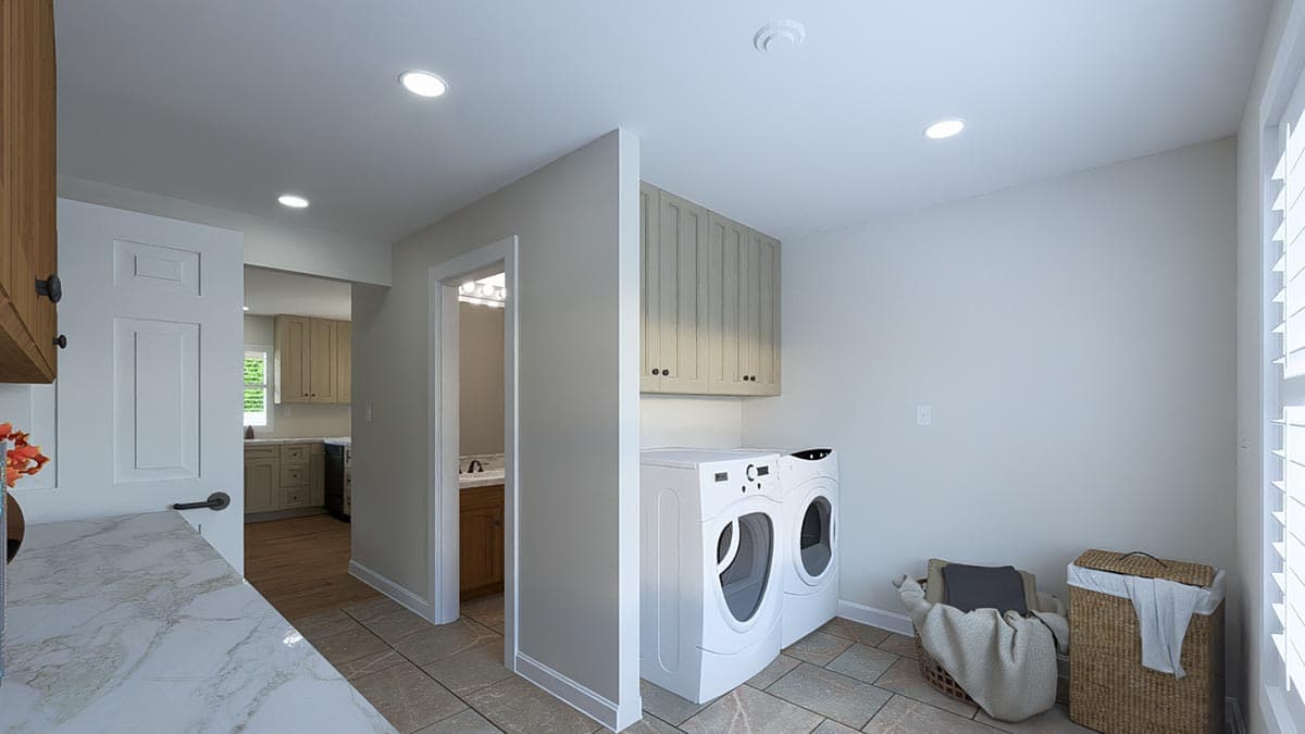 Laundry room with washer, dryer, cabinetry, and adjacent bathroom and kitchen views. Plan details.