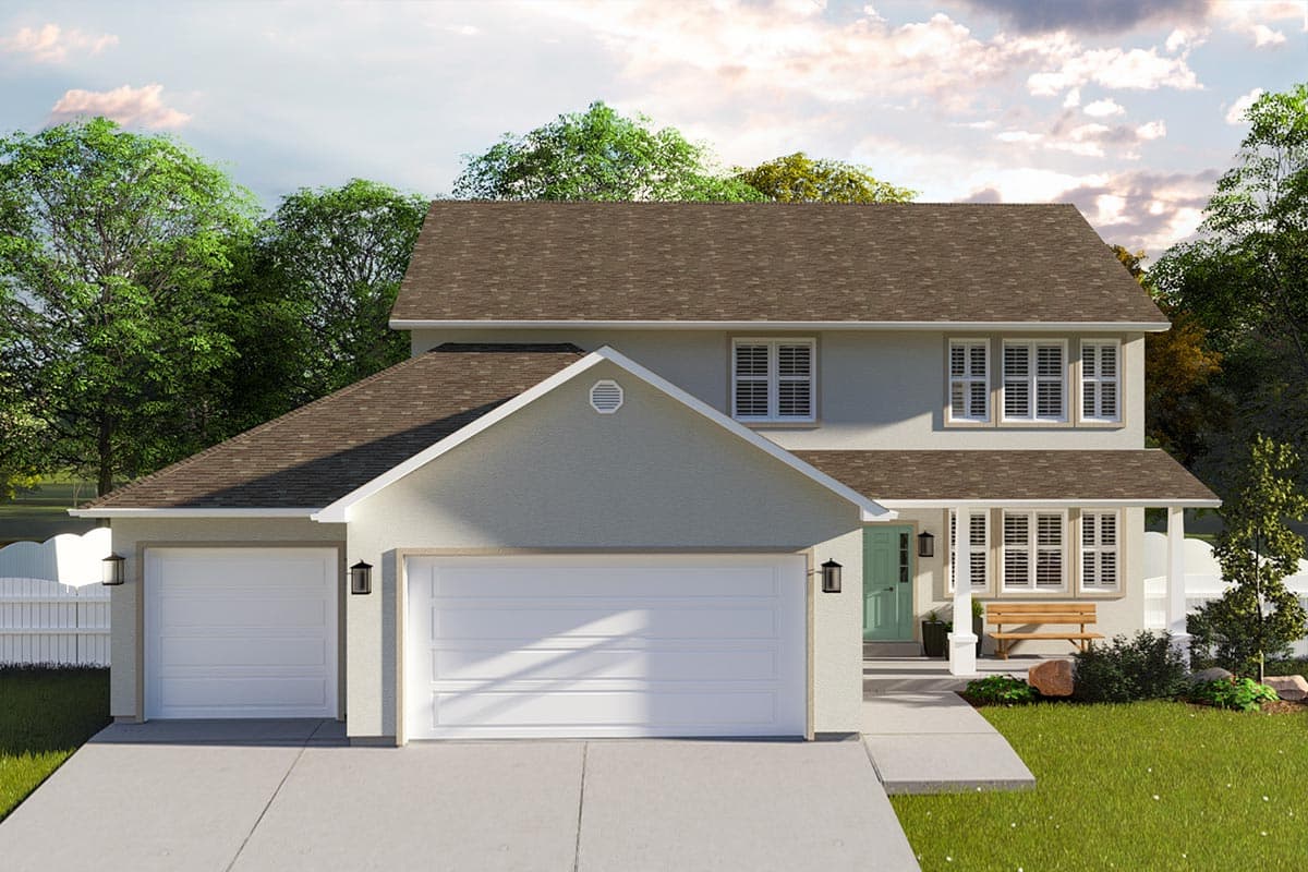 House plan exterior. Two-story home with a gabled roof, two-car garage, and front porch with bench. Features white trim and siding.