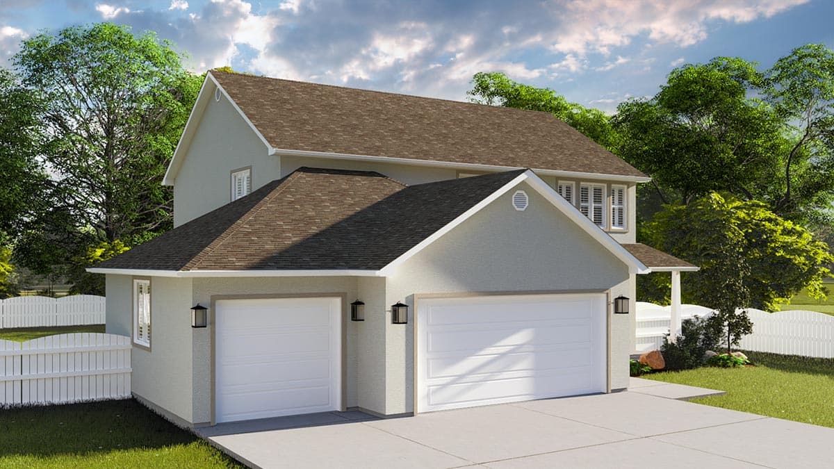 House plan exterior: Two-story home with a front-facing, attached three-car garage and gable rooflines.