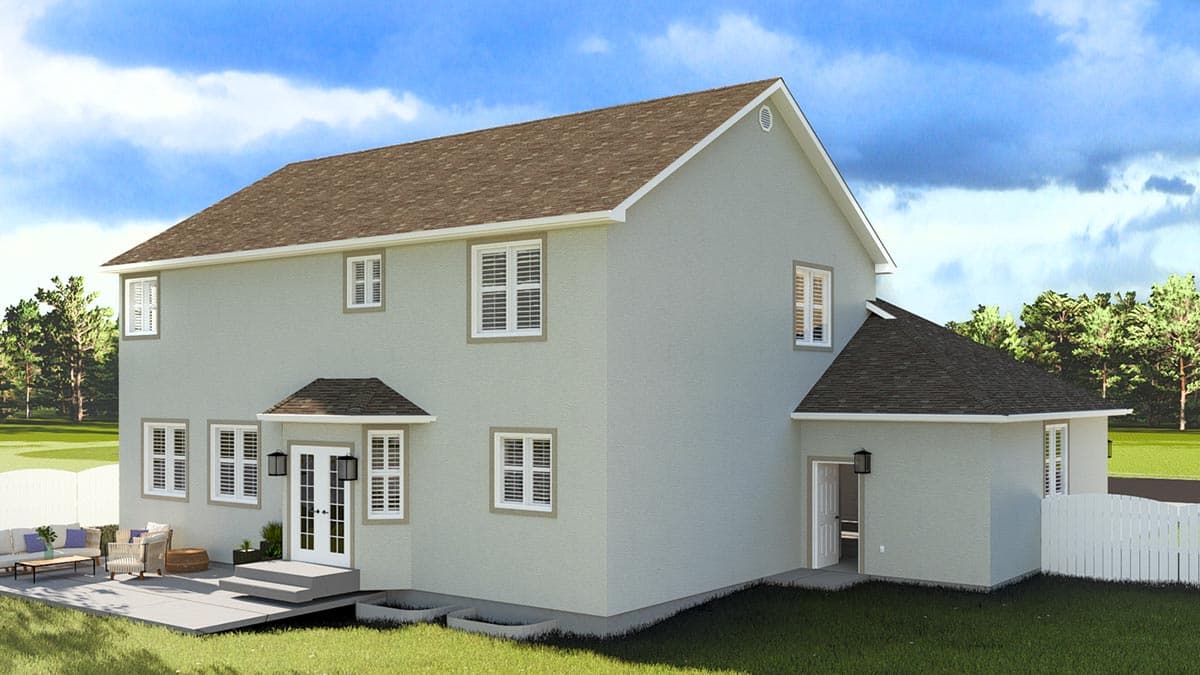 Two-story house plan exterior with a gabled roof, multiple windows, rear entrance with a small covered porch, and patio.