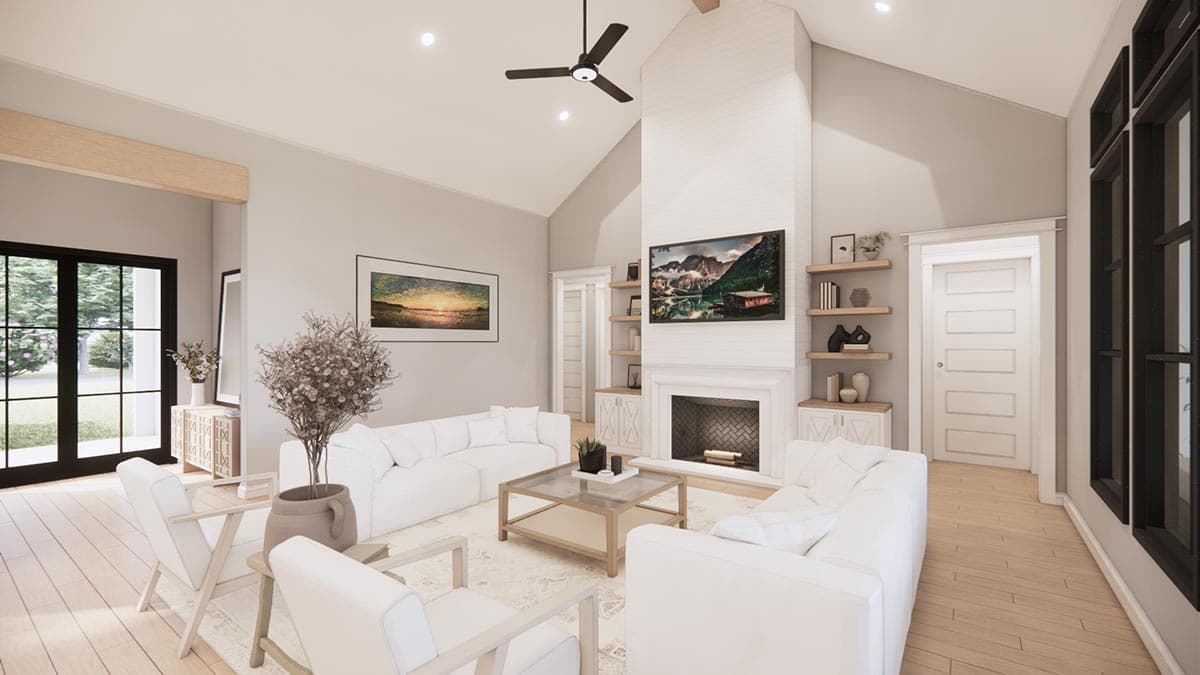 Interior rendering of a great room with vaulted ceiling, fireplace, built-in shelving, and large windows.