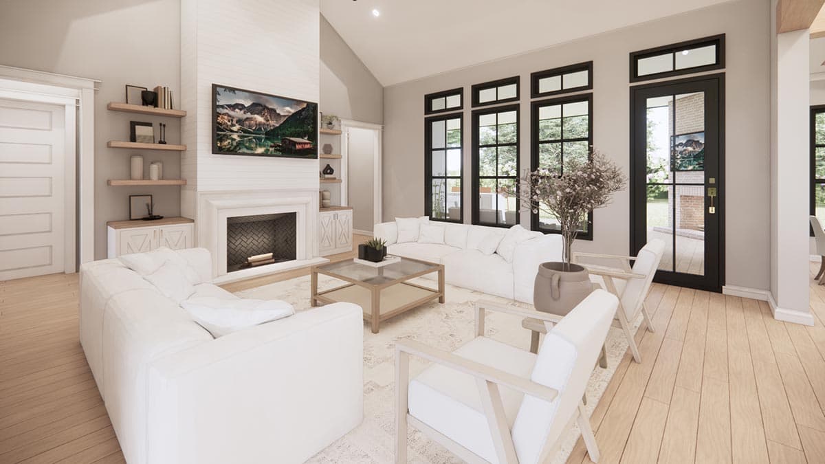 Plan 56541SM: Transitional Farmhouse Plan with Two-Story Great Room and Outdoor Fireplace - 2768 Sq Ft - Image #4 - Cottage, Country, Farmhouse, Modern Farmhouse, New American, Transitional