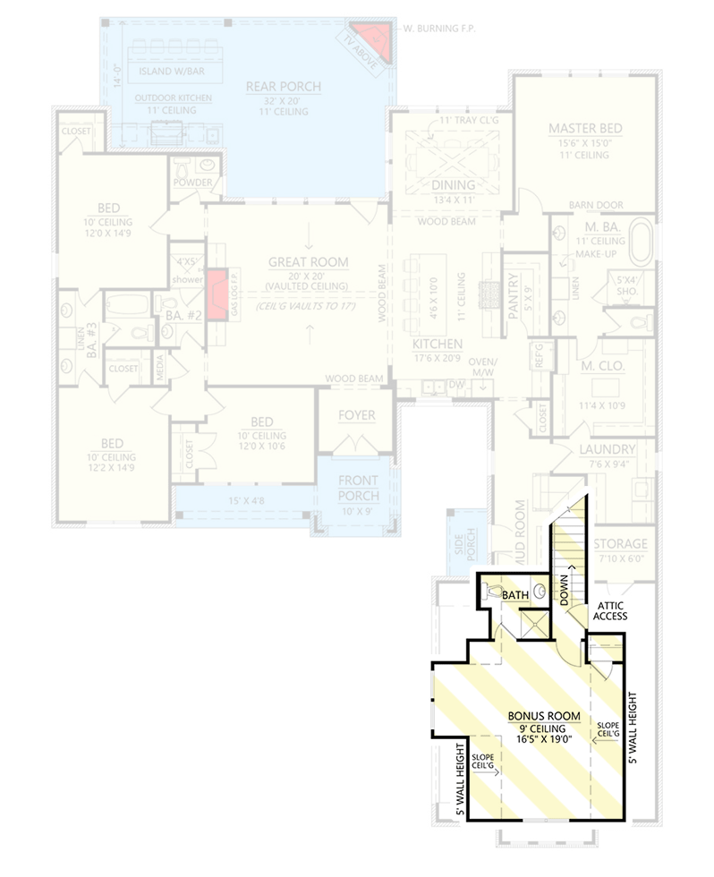 Plan 56541SM: Transitional Farmhouse Plan with Two-Story Great Room and Outdoor Fireplace - 2768 Sq Ft - Floor Plan - Bonus Room - Cottage, Country, Farmhouse, Modern Farmhouse, New American, Transitional