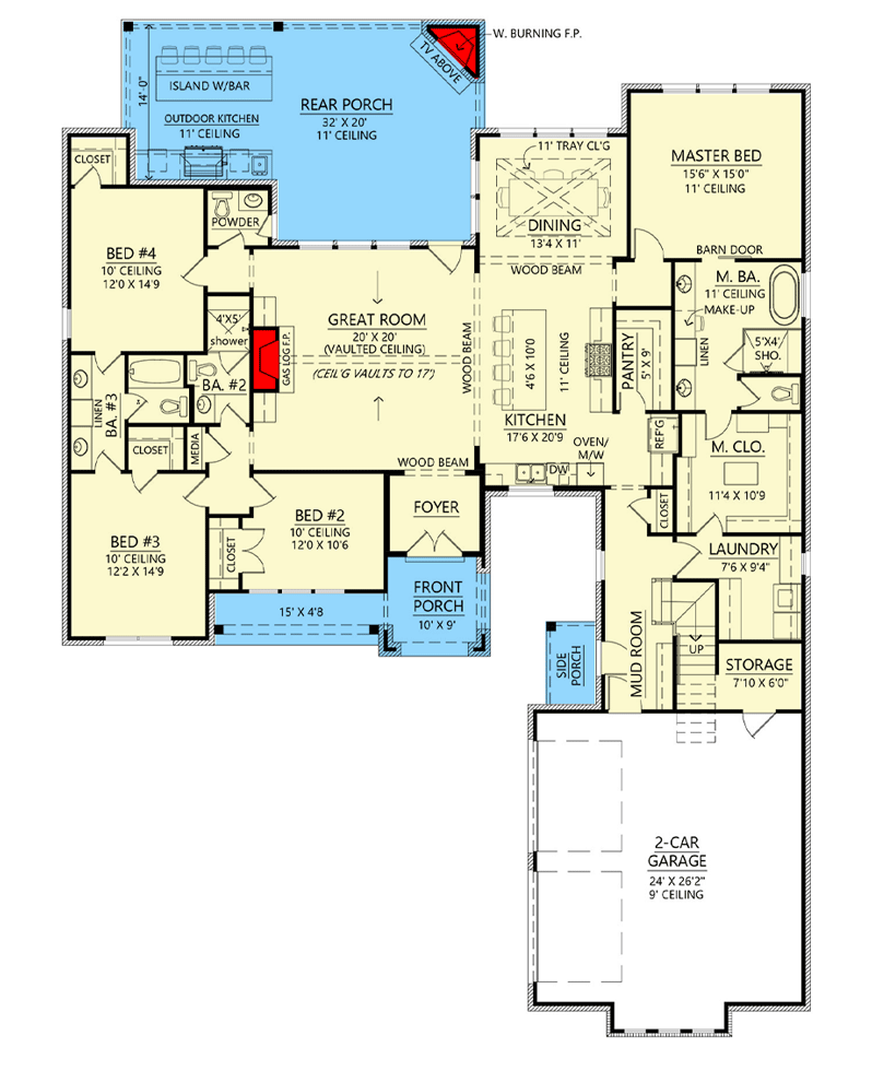 Plan 56541SM: Transitional Farmhouse Plan with Two-Story Great Room and Outdoor Fireplace - 2768 Sq Ft - Floor Plan - Main Level - Cottage, Country, Farmhouse, Modern Farmhouse, New American, Transitional