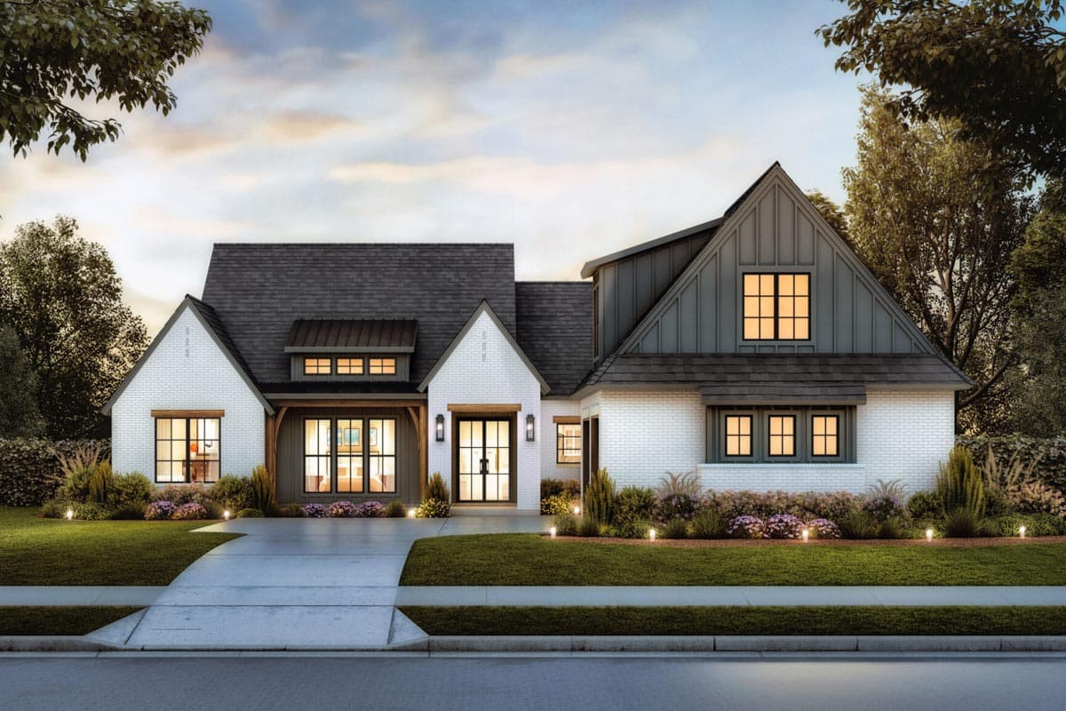 Modern Farmhouse house plan exterior with white brick, intersecting gables, dormer, and a covered entryway.