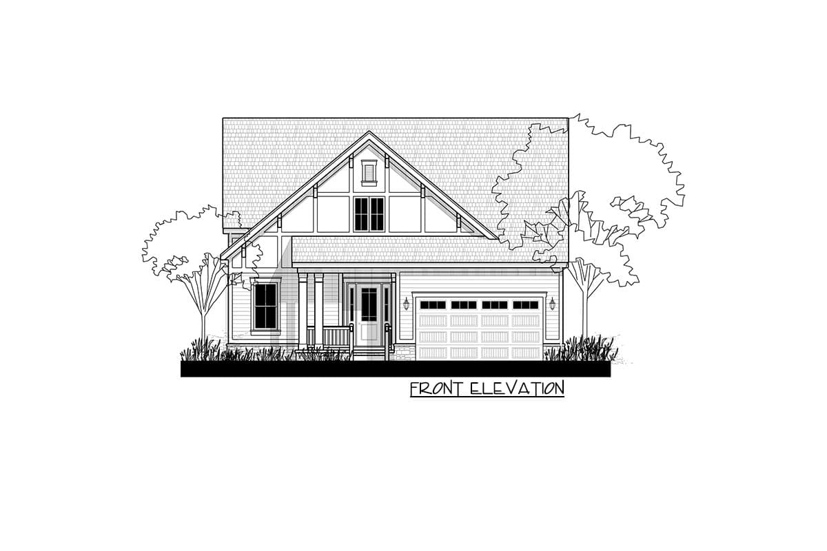 Front elevation drawing of a two-story house plan with a prominent gable, front porch, and attached garage.