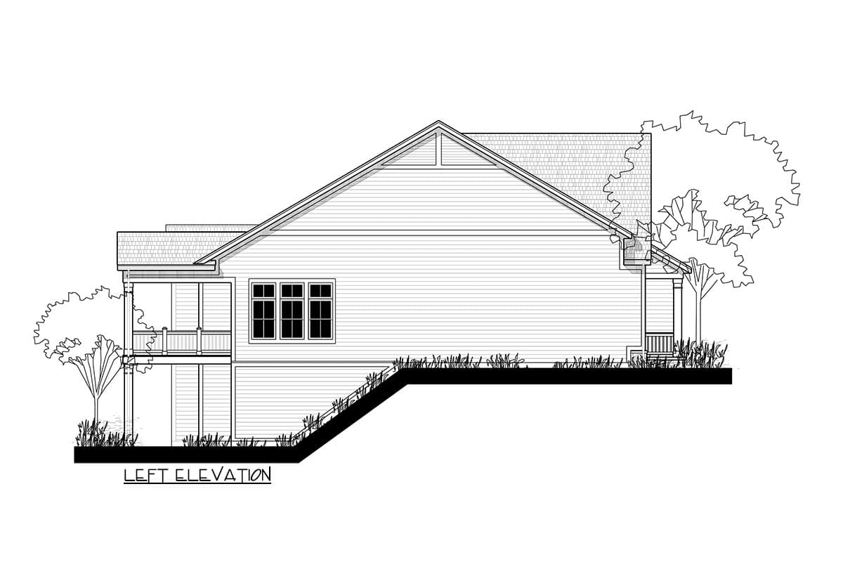 Left elevation house plan showing a gabled roof, clapboard siding, a screened porch, and a prominent gable vent.