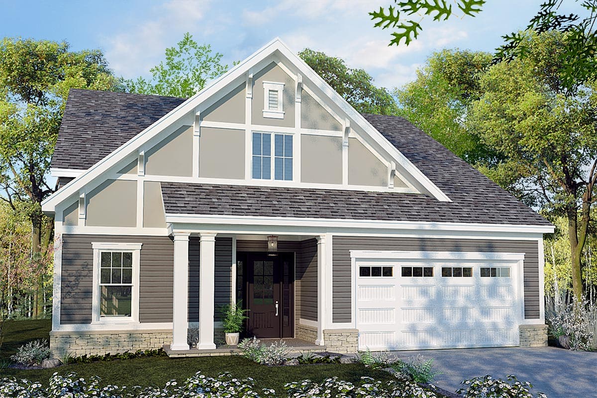 House plan exterior with Craftsman style. Features include a front porch, gables, and a two-car garage. One-story home with a dark gray roof.