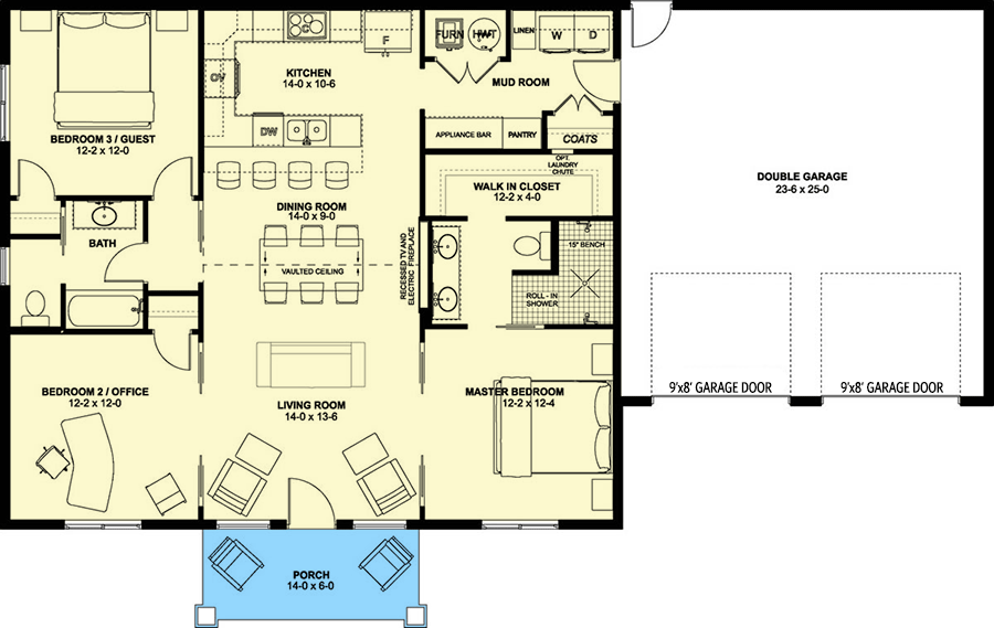 Plan 67768MG: New American House Plan with 3 Beds and 2-Car Garage - 1360 Sq Ft - Floor Plan - Main Level - Country, Craftsman, New American, Ranch