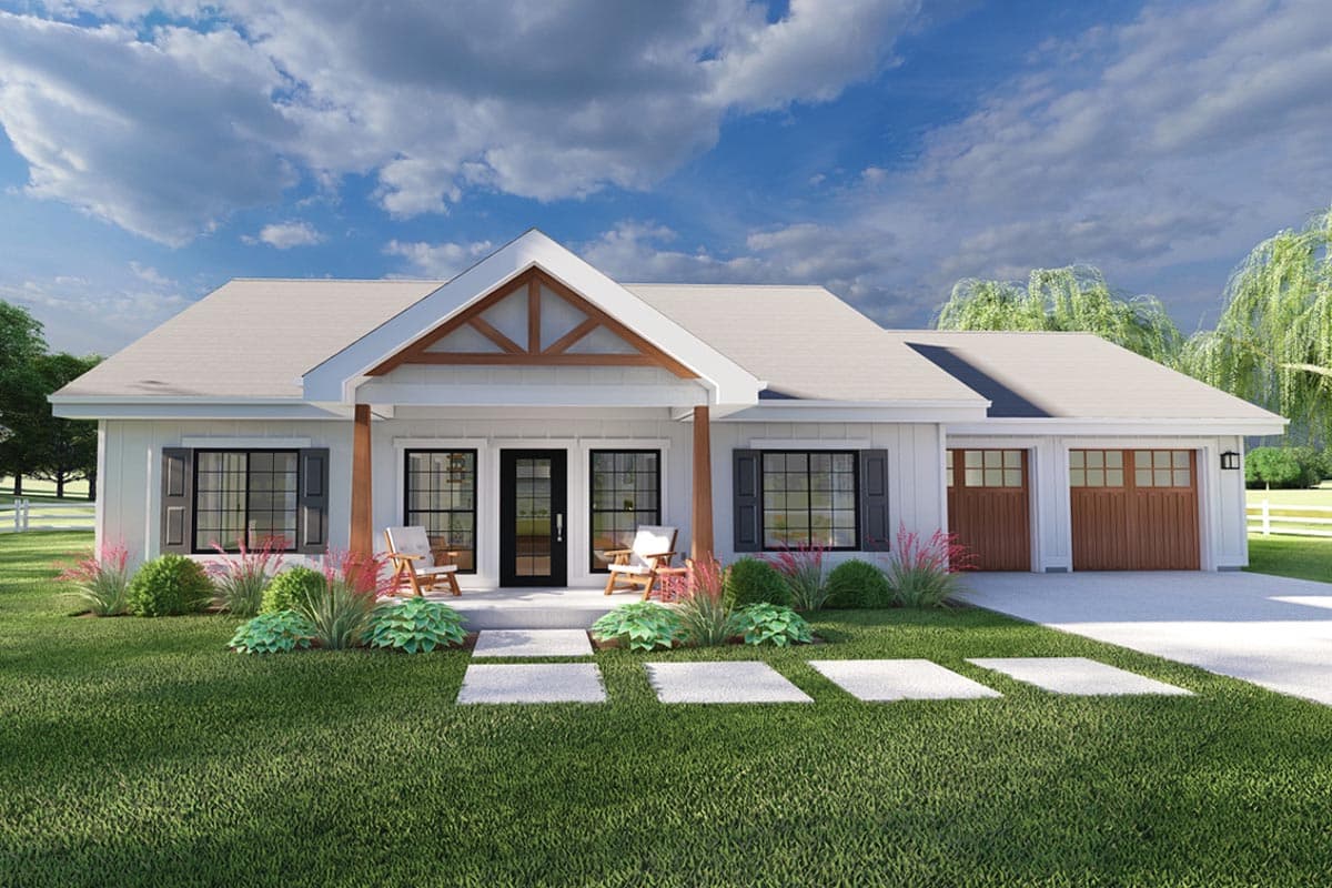 House plan exterior rendering. One-story Modern Farmhouse with a front porch, gable roof, and attached two-car garage.