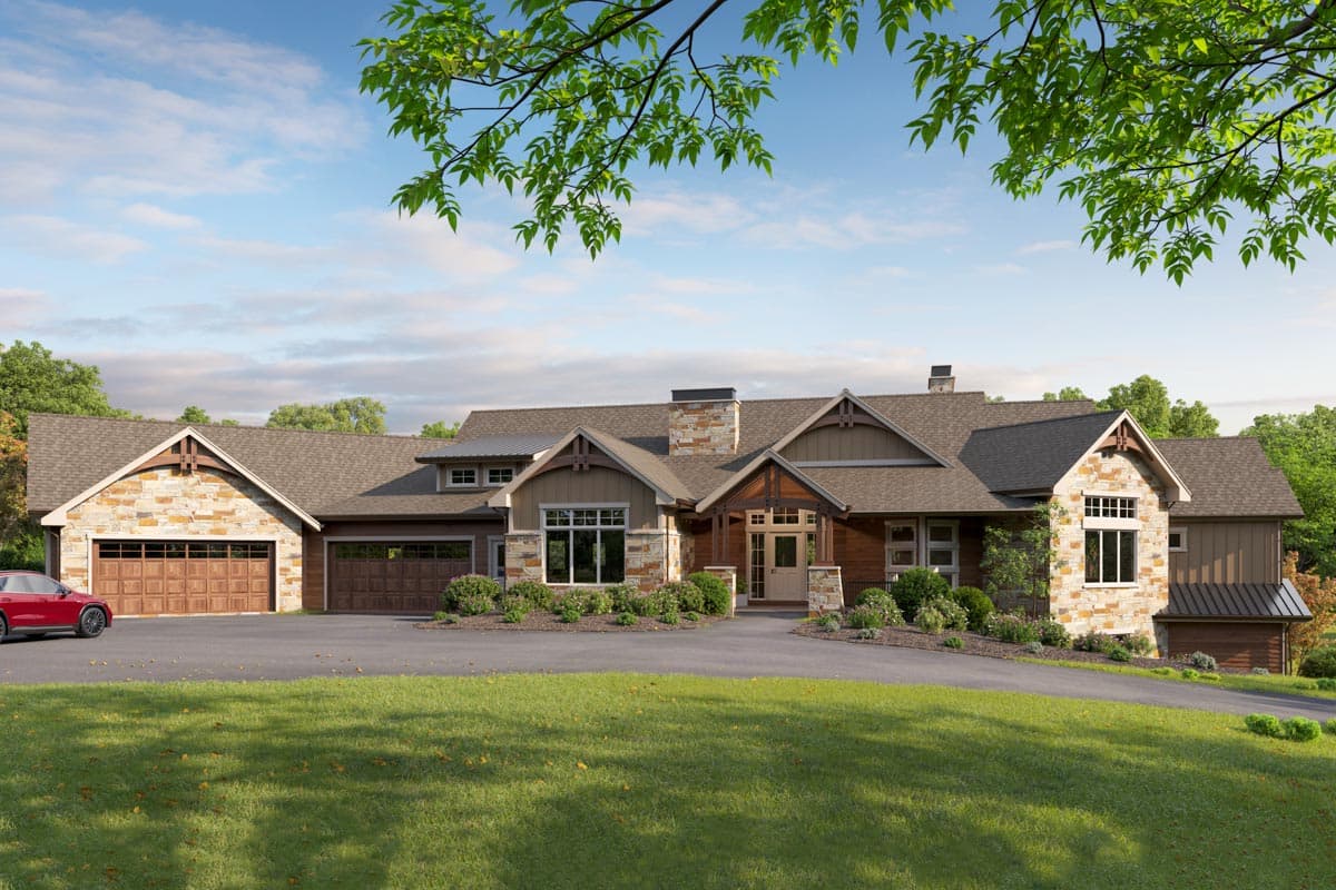 House plan exterior. Craftsman style, single-story home with gables, stone accents, and a covered porch. Features a two-car garage.