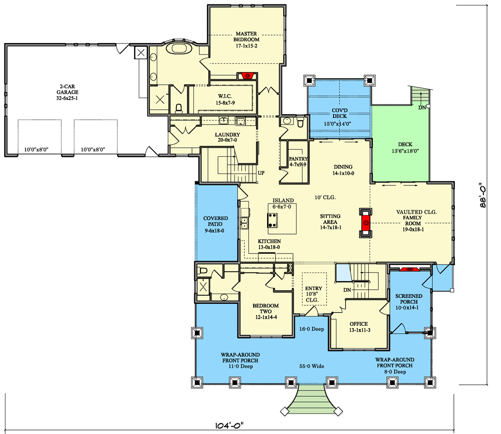 Plan 95224RW: 3700 Square Foot Mountain Farmhouse with Wraparound Porch and Lower Level Expansion - Floor Plan - Main Level - Country, Farmhouse, Mountain, Rustic