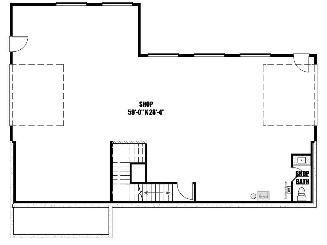 Plan 400020FTY: 1685 Sq Ft Mid-Century Modern House Plan with Lower Level Drive-Through Workshop - Floor Plan - Lower Level Garage and Workshop - Contemporary, Craftsman, Mountain, Northwest, Vacation