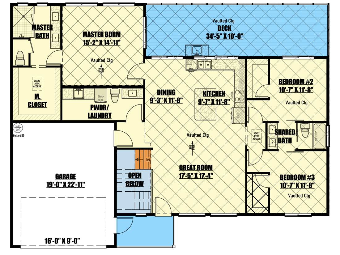 Plan 400020FTY: 1685 Sq Ft Mid-Century Modern House Plan with Lower Level Drive-Through Workshop - Floor Plan - Main Level - Contemporary, Craftsman, Mountain, Northwest, Vacation