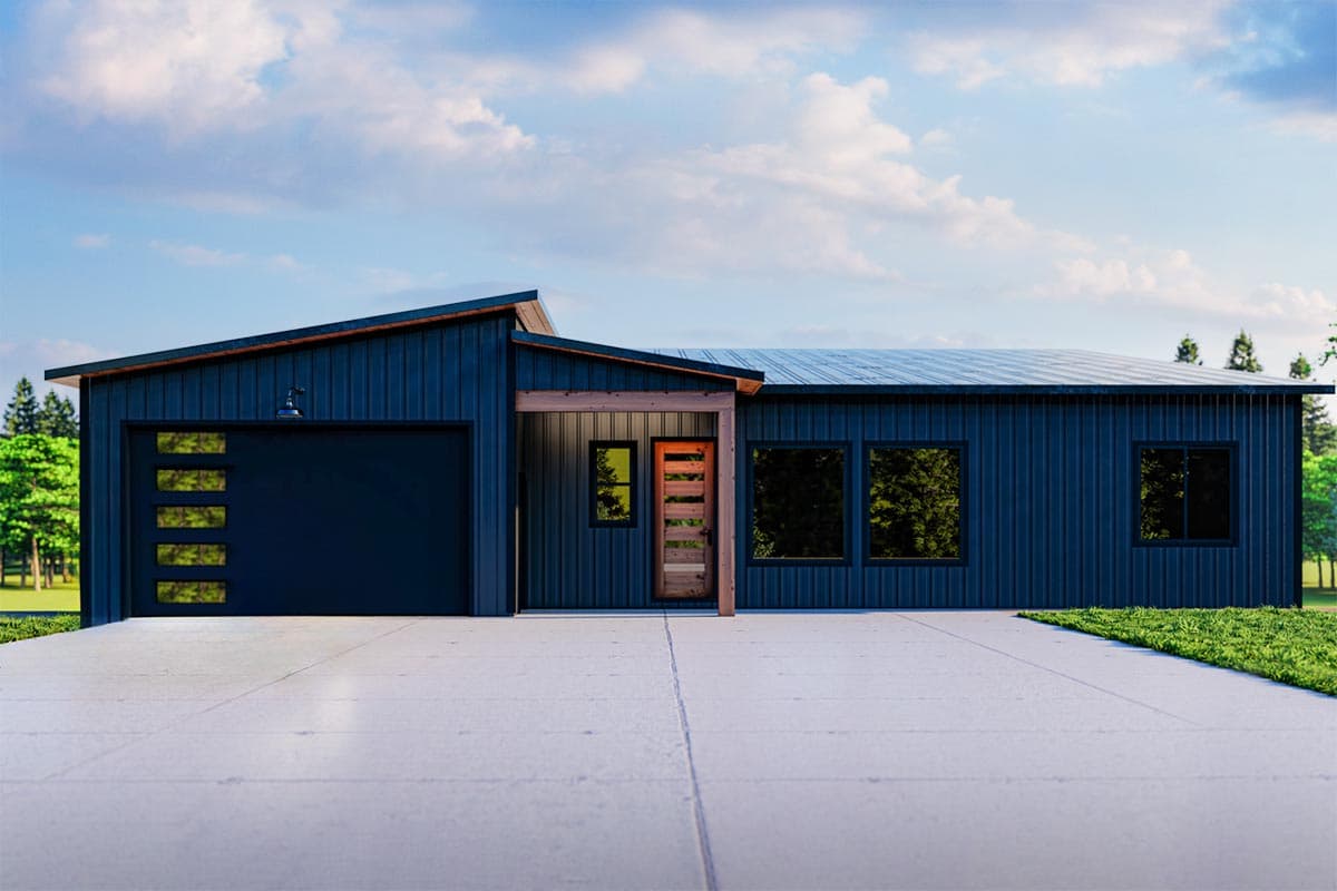 Modern house plan exterior with metal siding, asymmetrical roofline, attached garage with modern door, and entry porch with wood accents.