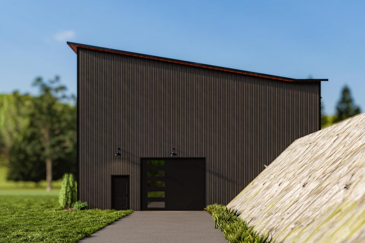 Modern house plan exterior with dark metal siding, a shed roof, and a glass-paneled garage door.
