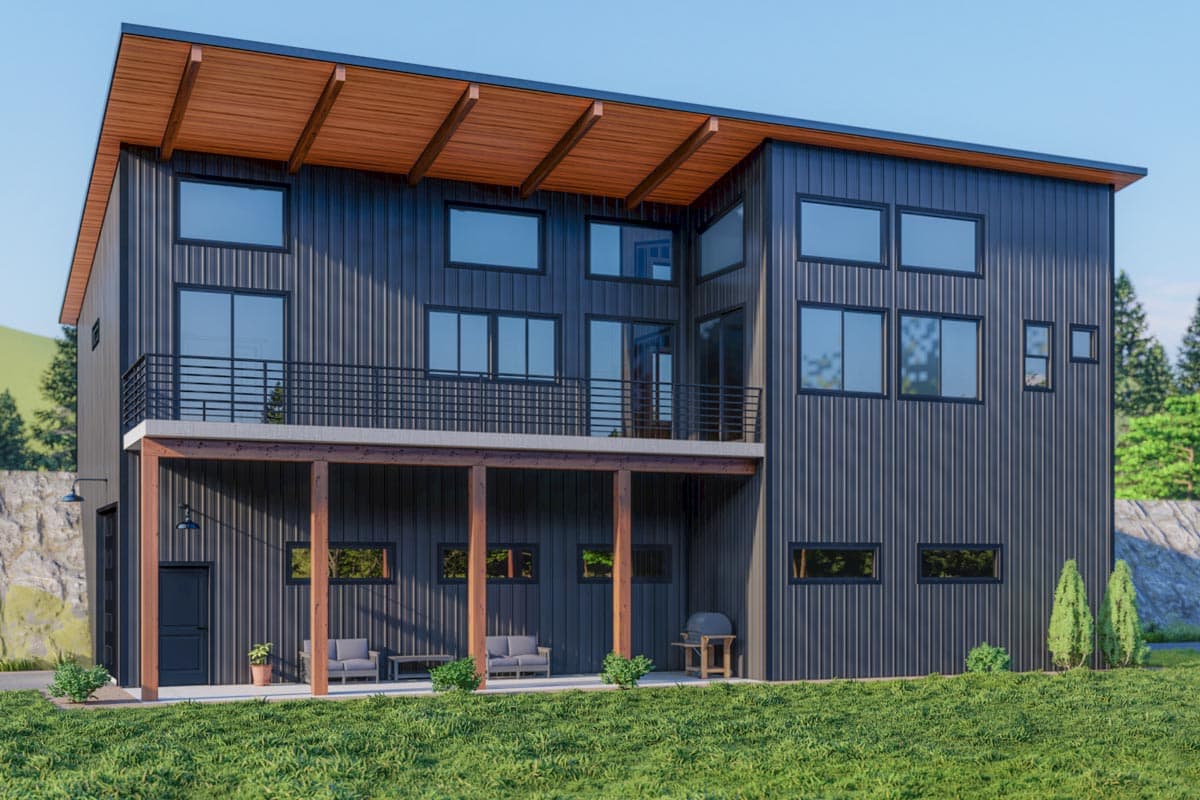 House plan exterior. Two-story modern design with flat roof, covered porch, and second-story balcony with metal railings.